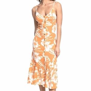 Roxy Orange Floral Button-Front Midi Dress